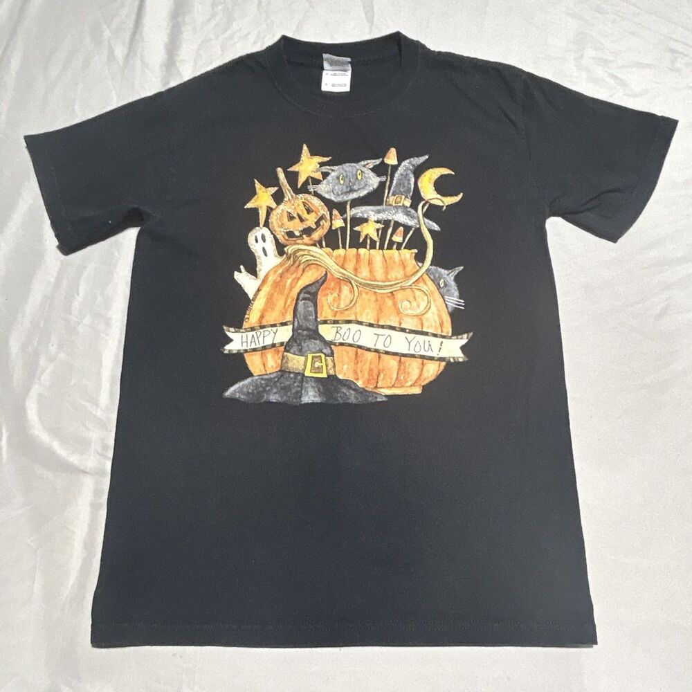 Vintage Halloween Happy Boo To You T-Shirt Gildan Ultra Cotton Black Size Small